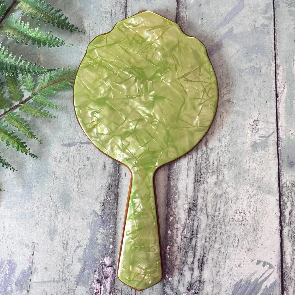 Vintage Heavy Jade Marbleized Hand Mirror, Beveled Glass, 1940s Vanity Decor